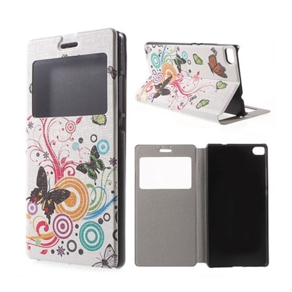 Moberg View Huawei Ascend P8 Læder Flip Etui - Sommerfugl Og Cirkler Multicolor