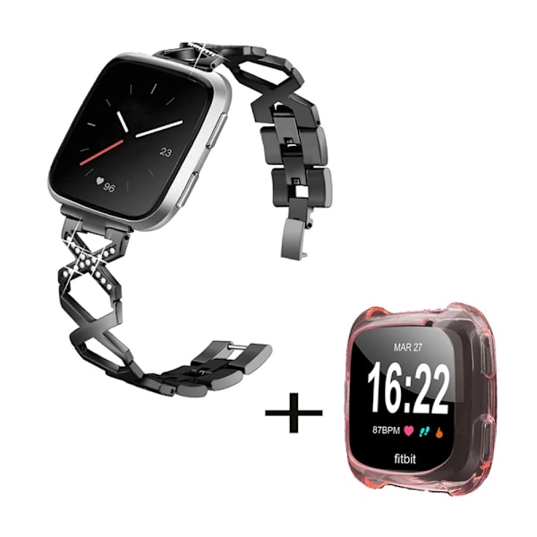 Fitbit Versa 2 / Lite klockarmband i rostfritt stål med strassdekor och klarrosa hölje - Svart Svart