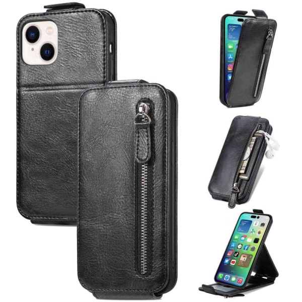 Lodret iPhone 14 flip etui med lynlås - Sort Black