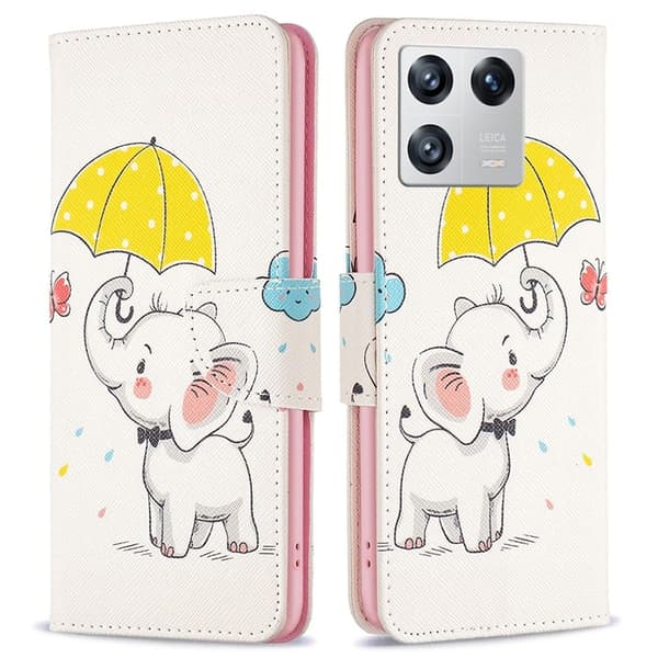 Wonderland Xiaomi 13 Flippetui - Paraply og Elefant Pink