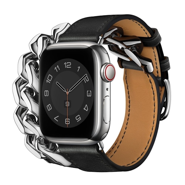 Apple Watch Series 8 (45mm) / Watch Ultra klockarmband i äkta läder med kedjedekor Svart