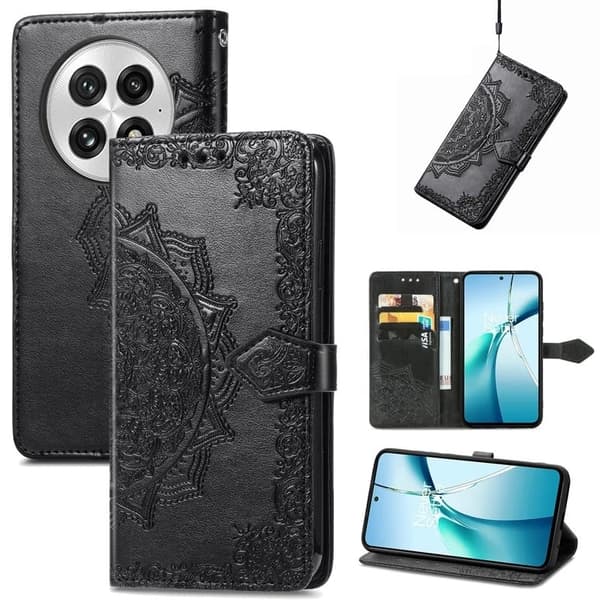 OnePlus 13 Lompakko Asia Mandala Flower Nahka Puhelin Cover Stand - Musta Black