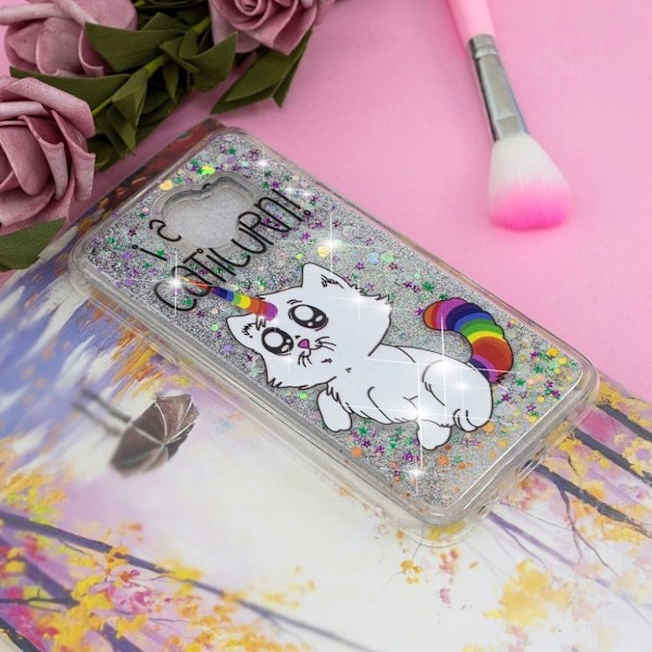Samsung Galaxy J4 (2018) flytande glitter skal med tryckt mönster - I Am A Caticorn multifärg