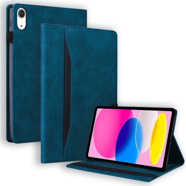 iPad 10.9 (2022) / iPad 10th Gen Business Folio stander etui Vegansk Læder Wallet Auto Wake / Sleep Tablet Cover med elastisk bånd og blyantholder - B Blue