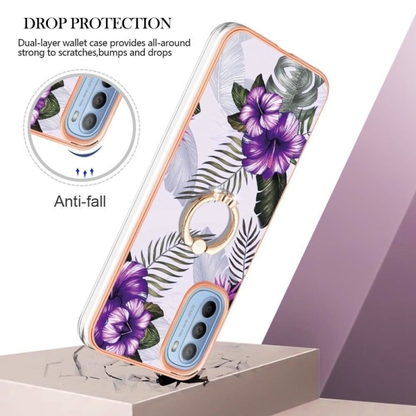 Marble Patterned Suojakuori With Ring Holder For Motorola Moto G41 / G31 - Purple Flowers Purple