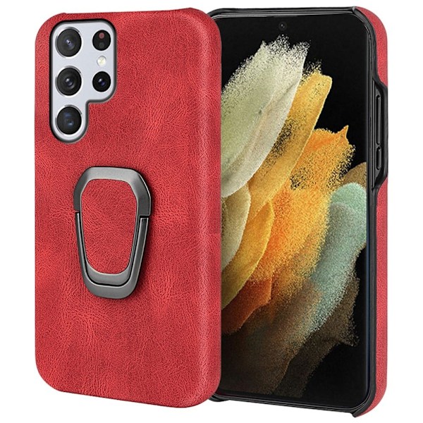 Iskunkestävä nahkainen suojakuori soikealla jalustalla Samsung Galaxy S22 Ultra - Punainen Red