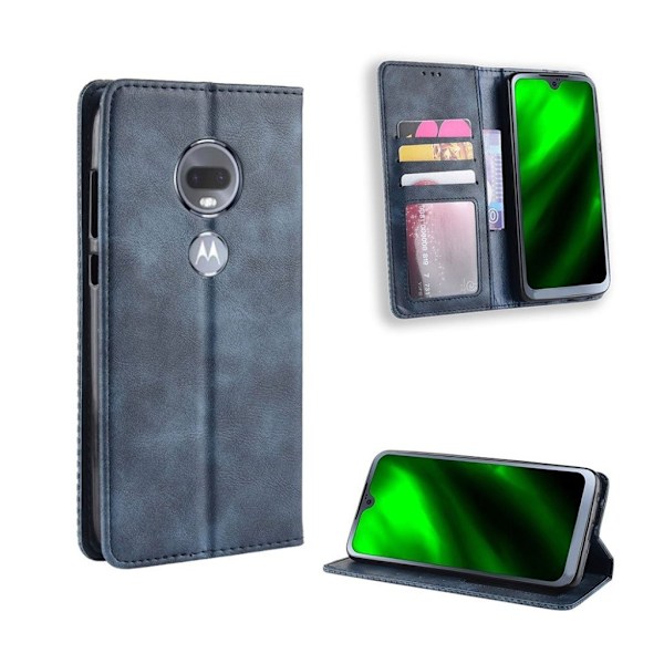 Motorola Moto G7 auto-absorberet vintage stil læder flip etui - Blå Blue