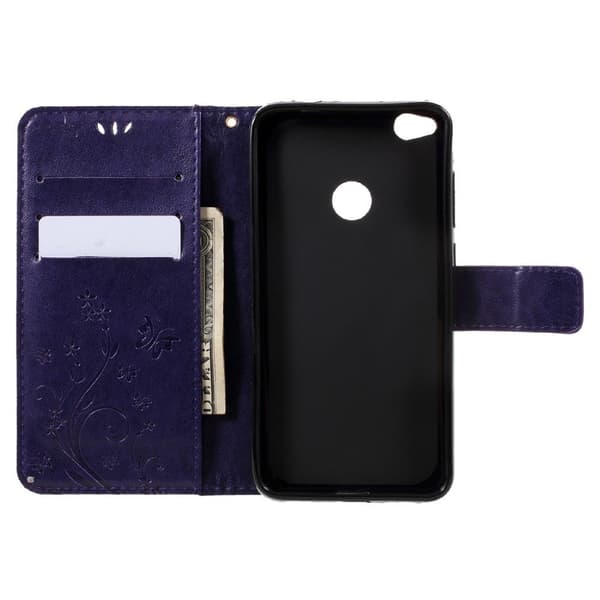 Huawei Honor 8 Lite Trykt Sommerfugler Lær Flip Etui - Mørke Lilla Purple