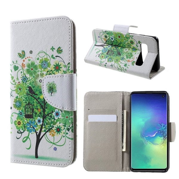 Samsung Galaxy S10 kryds tekstur læder flip etui - Grønt Træ Multicolor