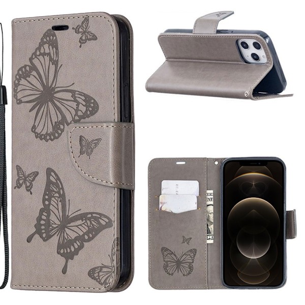Butterfly läder iPhone 12 Pro Max fodral - Silver/Grå Silvergrå