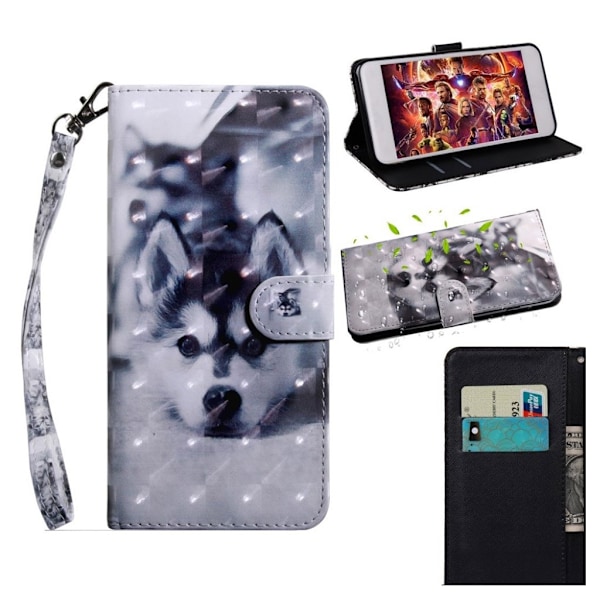 Huawei P Smart 2019 lysspot dekoreret læder flip etui - Sort og Hvid Ulv Multicolor
