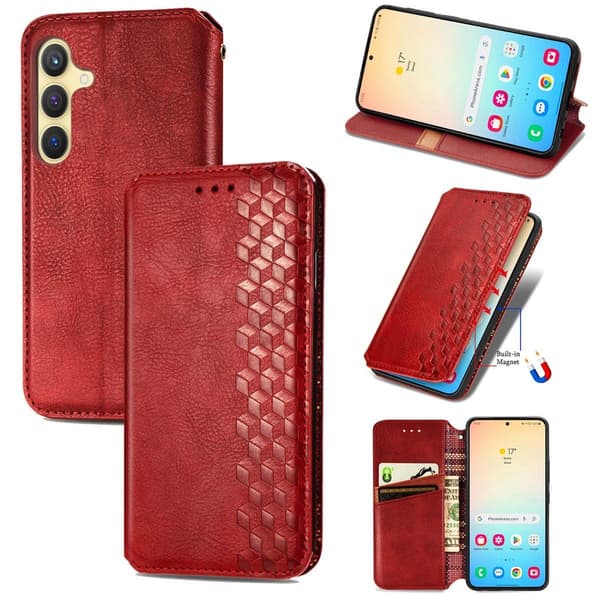 Läder Samsung Galaxy S25 fodral med romb-design - Röd Röd