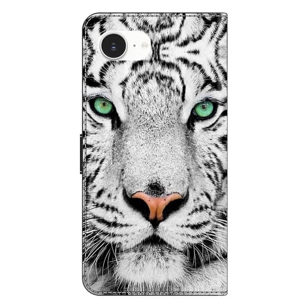 iPhone 16e-fodral med kortplatsmönster tryckt flexibelt + veganskt flip-telefonskal i läder - Tigeransikte Silvergrå