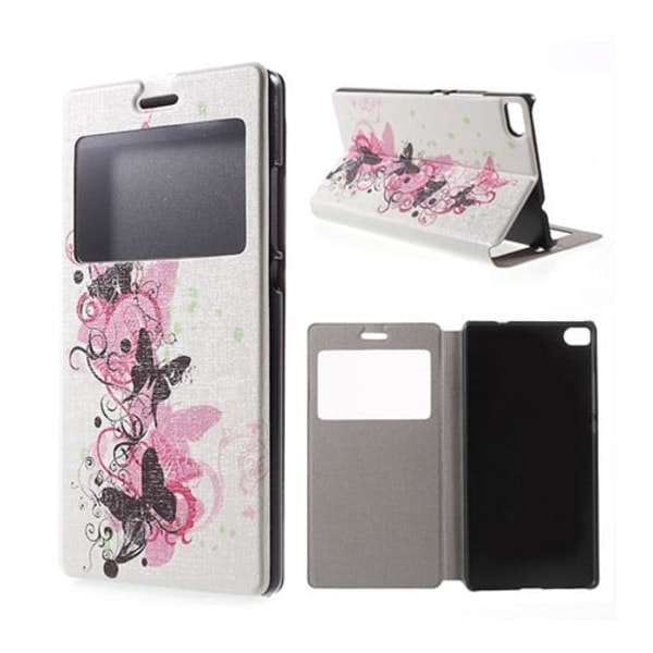 Moberg View Huawei Ascend P8 Læder Flip Etui - Elegant Sommerfugl Multicolor