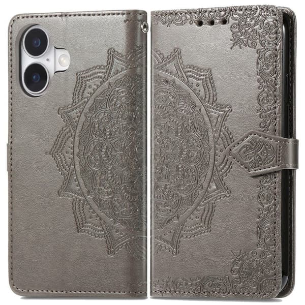 Mandala iPhone 16 etui i lær - Grå Silver grey
