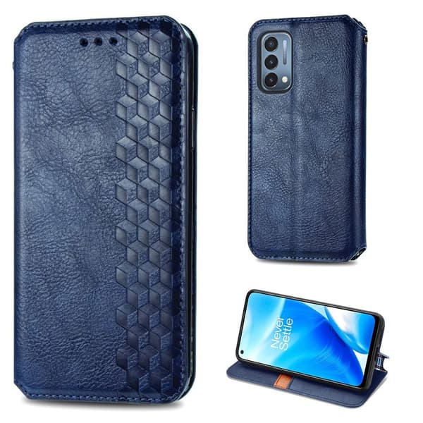 Läder OnePlus Nord N200 5G fodral med romb-design - Blå Blå