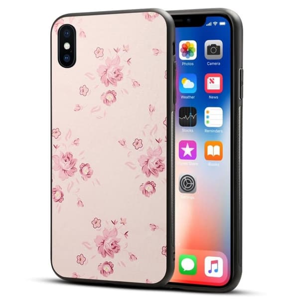 iPhone 9 Plus mobilskal plast silikon syntetläder blommönster - Blommande blommor Rosa