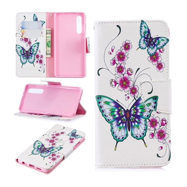 Huawei P30 kuosillinen nahkainen flip Suojakotelo - Perhoset ja Kukat Multicolor