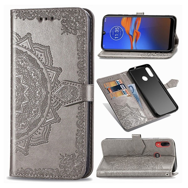 Mandala läder Motorola Moto E6 Plus fodral - Silver/Grå Silvergrå