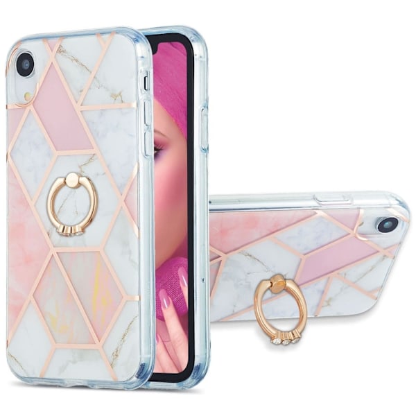 Marble Mønstret Deksel med Ring Holder til iPhone Xr - Rosa / Hvit Pink