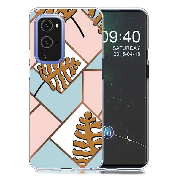 Marble OnePlus 9 Pro Etui - Toon Leaves i Pink og Blue Multicolor
