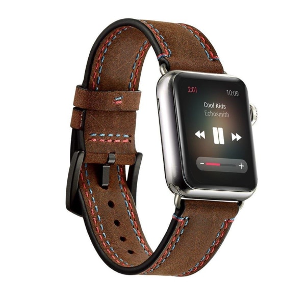 Apple Watch Series 5 44mm tofarvet stitching design ægte læder urrem Brown