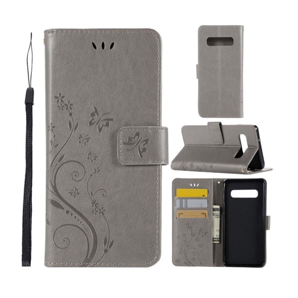 Samsung Galaxy S10 sommerfugle- og blomstertryk læder flip etui - Grå Silver grey