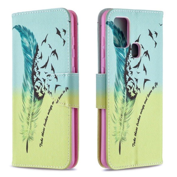 Wonderland Samsung Galaxy A21s flip kuoret - Höyhen Kuvio Multicolor