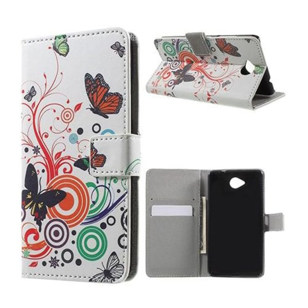 Moberg Læder-etui med stå-funktion og kortholder til Microsoft Lumia 650 - Sommerfugl og cirkler Multicolor