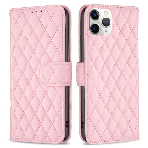 BINFEN COLOR iPhone 11 Pro 5.8 inch Wallet Cover, BF Style-14 Imprinted Rhombus Pattern Stand stødsikkert Matte Vegansk Læder Case - Lyserød Pink