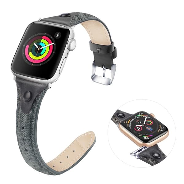 Apple Watch Series 5 / 4 44mm canvas urrem i ægte læder - Grå / Sort Silver grey