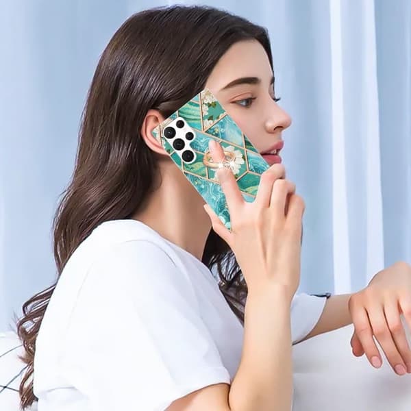 Marble Mønstret Deksel med Ring Holder til Samsung Galaxy S22 Ultra - Blåe Blomster Blue