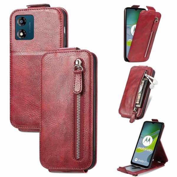 Vertical Flip Phone Etui med Zipper til Motorola Moto E13 - Rød Red