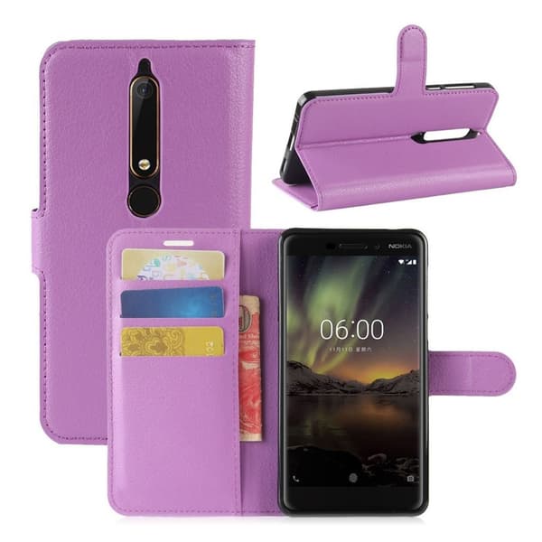 Nokia 6 (2018) litchi tekstur PU læder flip etui - Lilla Purple