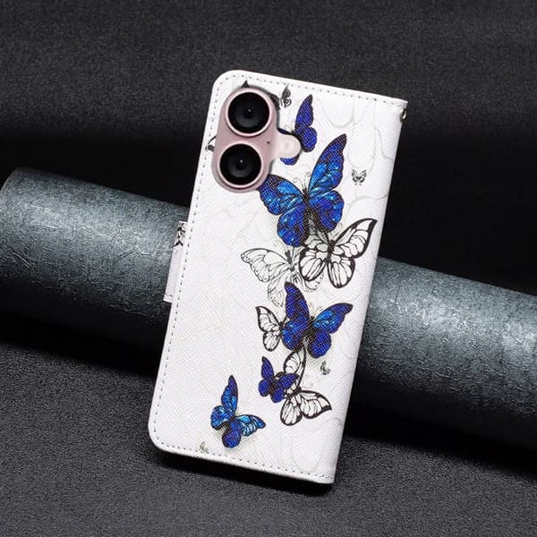 Wonderland iPhone 16 flip kuoret - Perhoset Blue