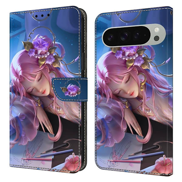 Google Pixel 9 Pro XL plånboksfodral mönstrat tryck stativ läder flip telefonskal - Törnrosa Rosa