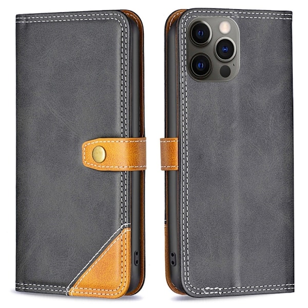 BINFEN tvåfärgat läder iPhone 12 / iPhone 12 Pro fodral - Svart Svart