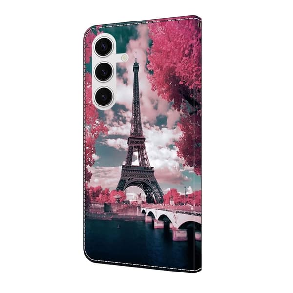 Samsung Galaxy S25 Plånboksfodral Mönster Tryck Stativ Läder Flip Telefonskal - Eiffeltornet Rosa
