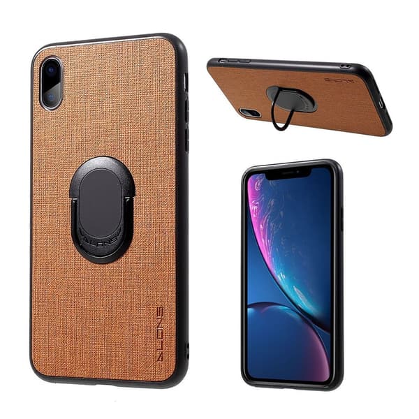 iPhone Xs Max Hybrid plast mobilskal täckt av syntet läder med handduks textur utrustad med fingerring - Brun Brun