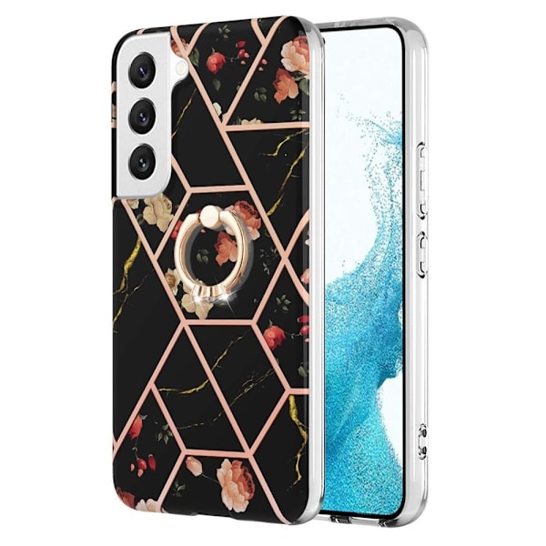 Marble Mønstret Cover med Ring Holder til Samsung Galaxy S22 Plus - Sorte Blomster Black