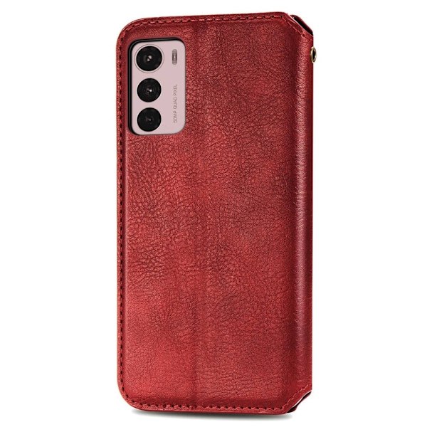 Læder Etui med A Stilfuldt Rhombus Tryk til Motorola Moto G42 - Rød Red