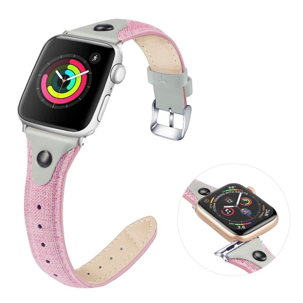 Apple Watch Series 5 / 4 44mm canvas urrem i ægte læder - Lyserød / Grå Pink