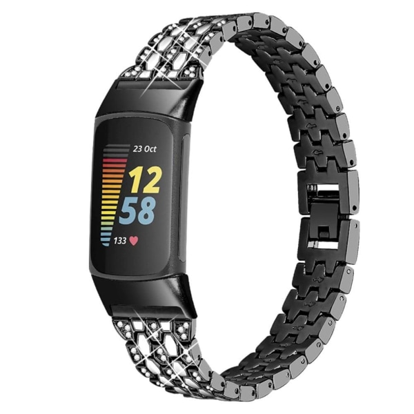 Fitbit Charge 5 urrem med tre rækker rhinsten - Sort / Hvid Black