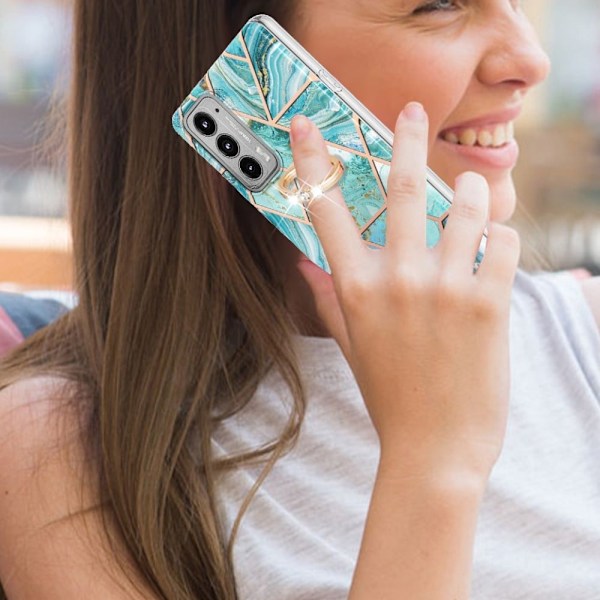 Marble Mønstret Deksel med Ring Holder til Motorola Edge 20 - Blå Blue