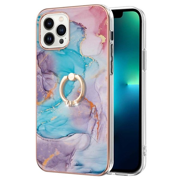Marble Patterned Suojakuori With Ring Holder For iPhone 14 Pro Max - Milky Way Marble Blue Multicolor