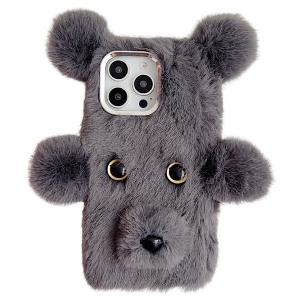 iPhone 16 Pro Max Case 3D Bear Faux Fur Fluffy Inner Flexible Phone Cover - Grey Silver grey