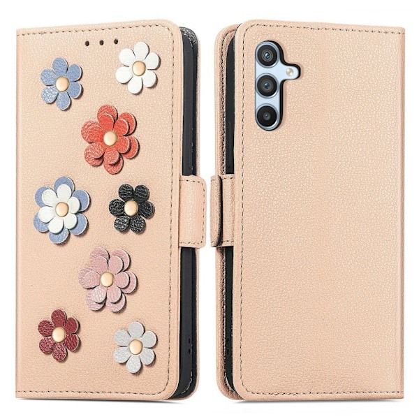 Pehmeä kukkakoristelu nahkakotelo Samsung Galaxy A54 - Khaki Brown