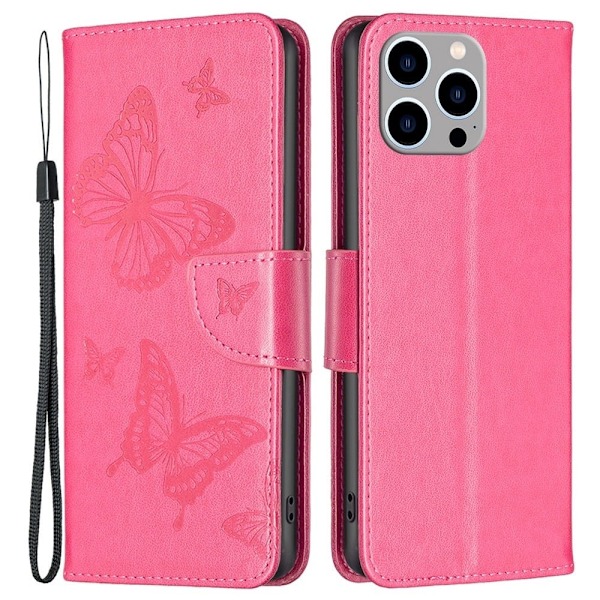 Butterfly läder iPhone 14 Pro Max fodral - Rosa Rosa