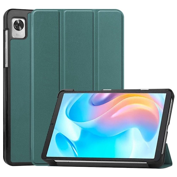 Tri-fold læderstativ-etui til Realme Pad Mini - Sortliggrøn Green