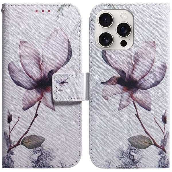 iPhone 16 Pro Max Etui med pung Pattern Print Leather Phone Cover - Pink Blomst Pink